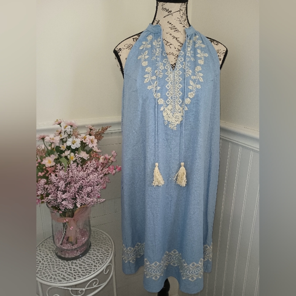 Women's THML  Embroidered Sleeveless Baby Blue & White Dress Size Medium